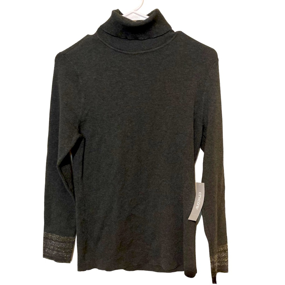 Chico’s Turtleneck Pullover Sweater Lurex Cuff Eco Graphite Gray Size 1 M/8 NWT